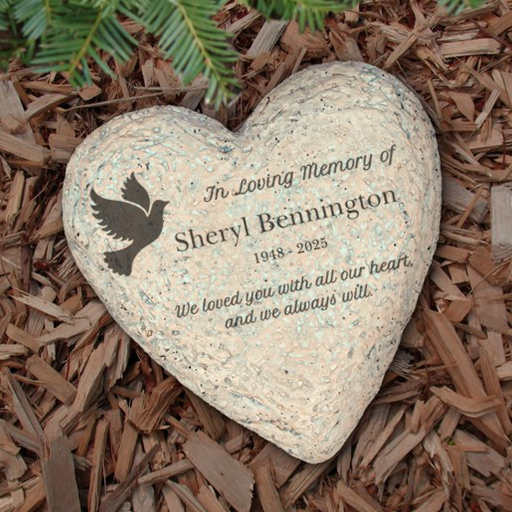 Heart-shaped personalized memorial garden stone with dove design and engraved loving memory message