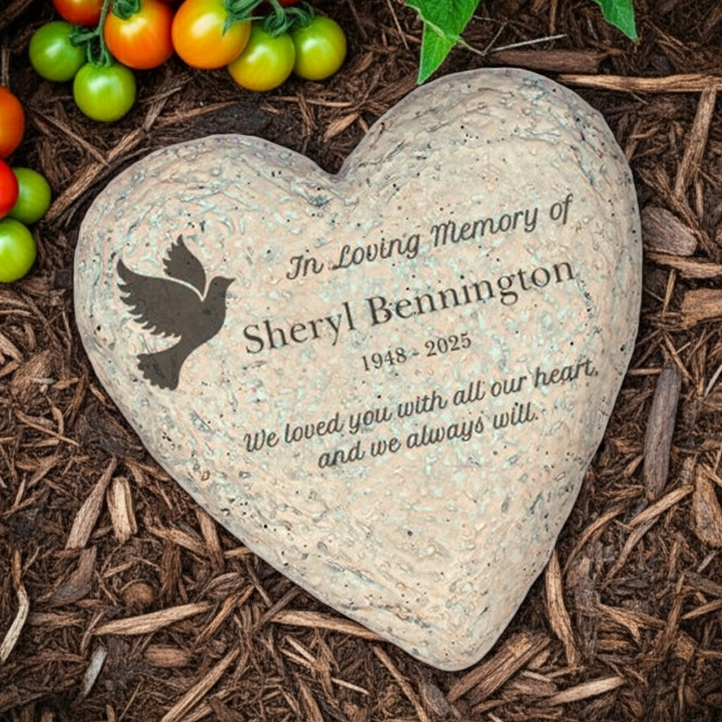 Personalized memorial garden stone heart shaped with dove design and custom engraved tribute