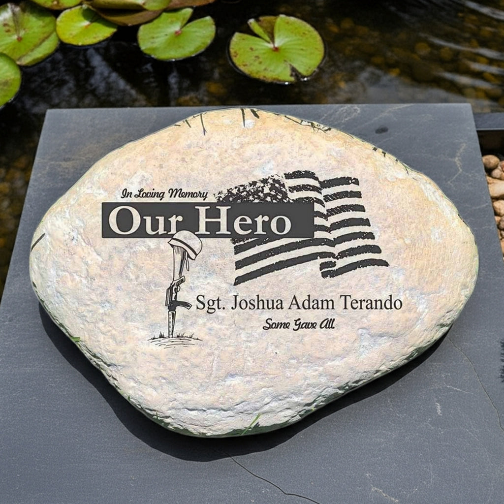 Personalized military memorial garden stone with American flag and tribute text Our Hero