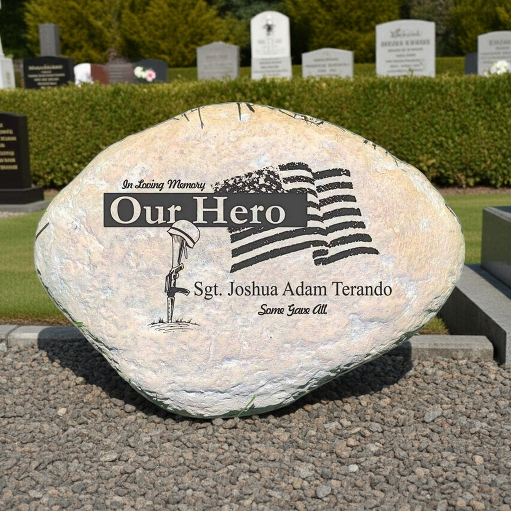 Personalized military memorial garden stone with American flag and commemorative text