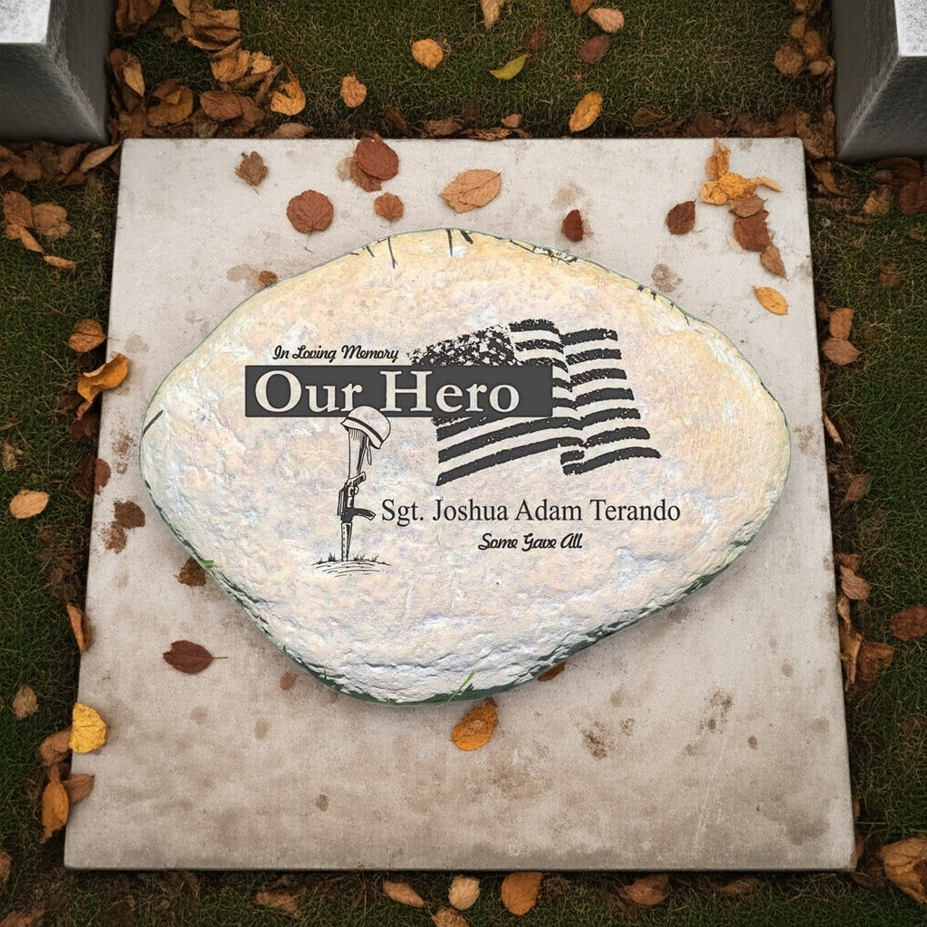 Personalized military memorial garden stone with Our Hero text and American flag design