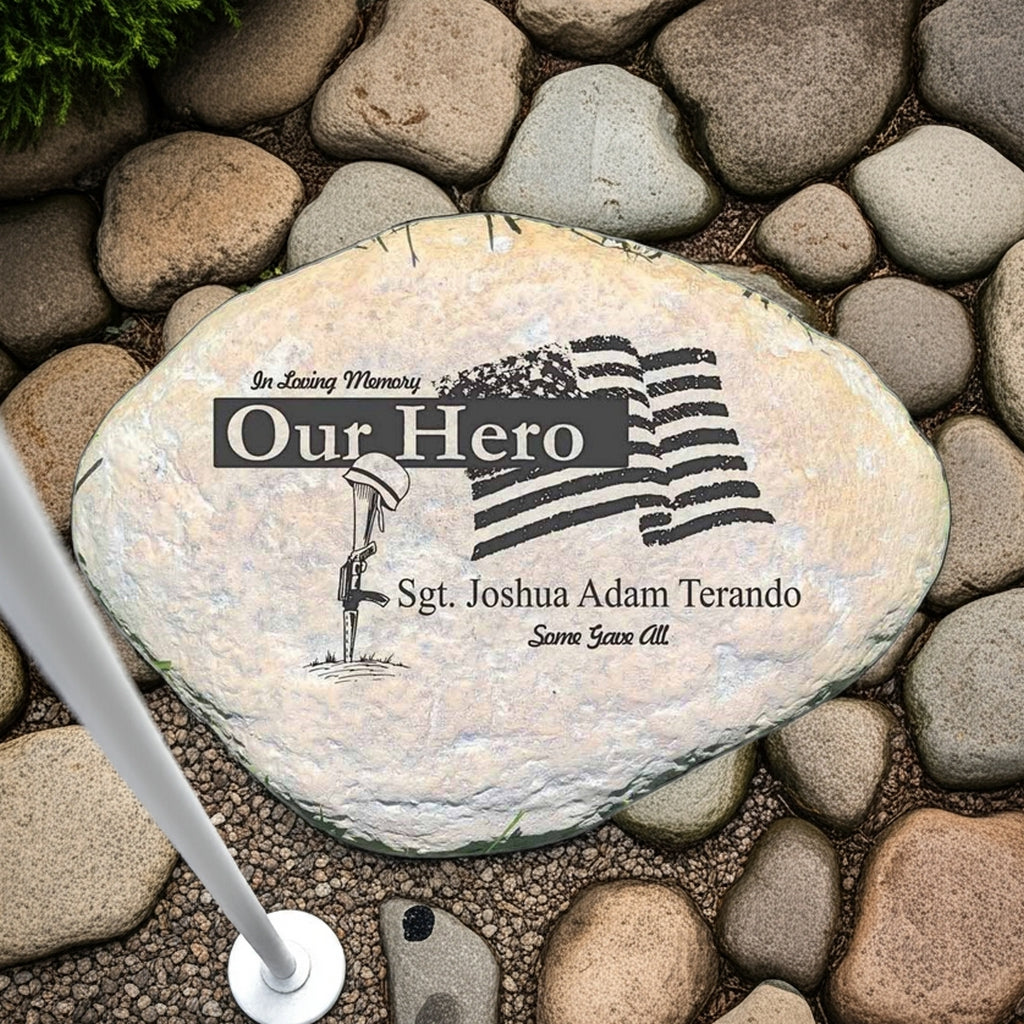 Personalized military memorial garden stone with tribute text and American flag design