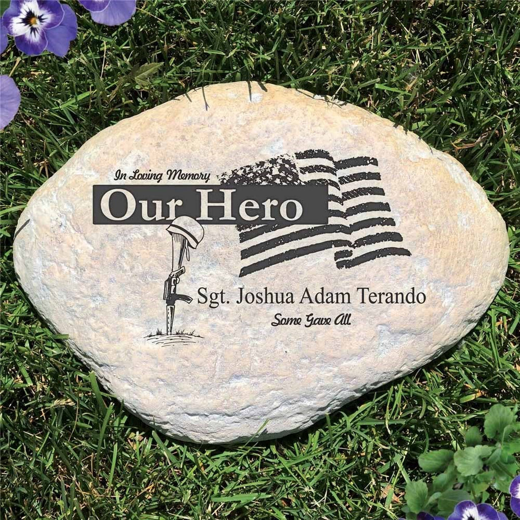 Personalized military memorial garden stone with Our Hero tribute and American flag design