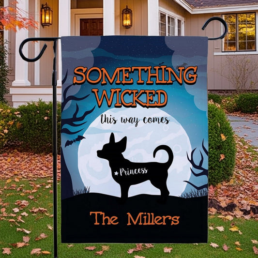 Personalized pet Halloween garden flag with black dog silhouette full moon and Something Wicked design