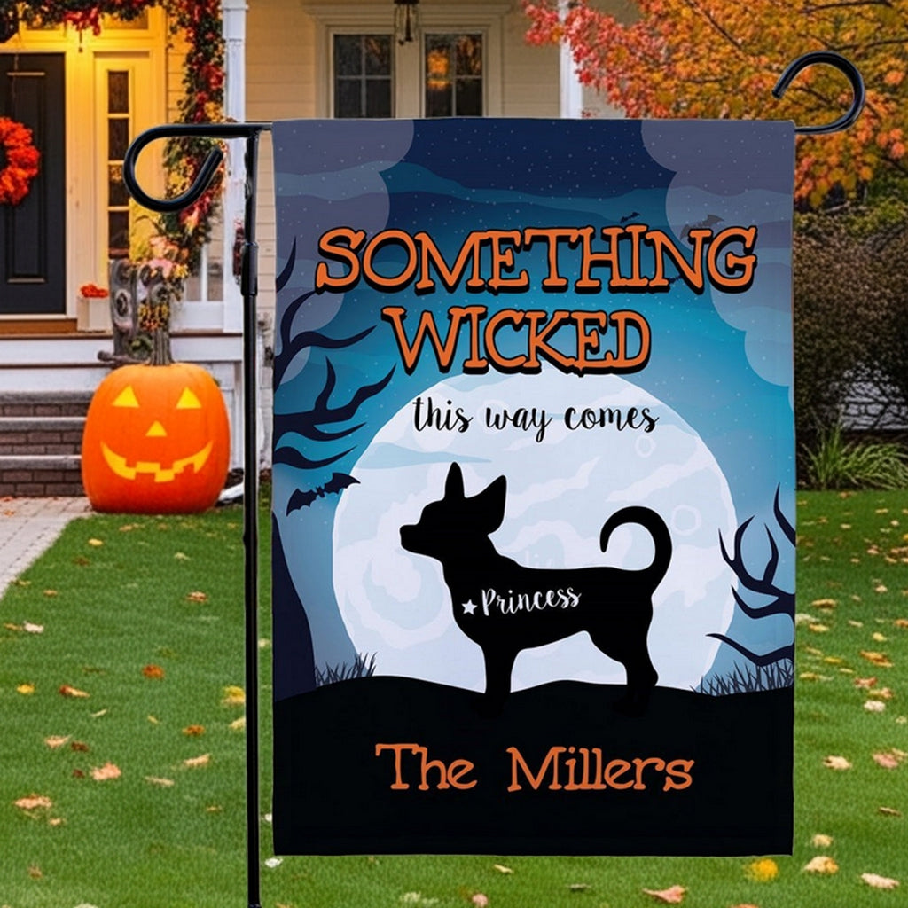 Personalized pet Halloween garden flag with silhouetted dog moon bats and family name The Millers