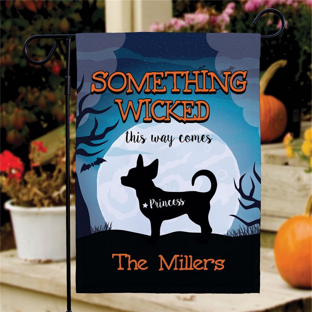 Personalized pet Halloween garden flag featuring a black dog silhouette against a full moon with bats and custom name