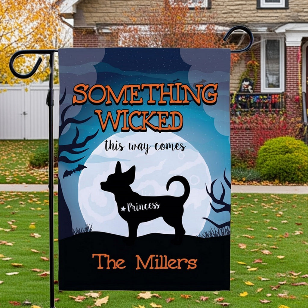 Personalized pet Halloween garden flag showing a silhouetted small dog against full moon with The Millers name