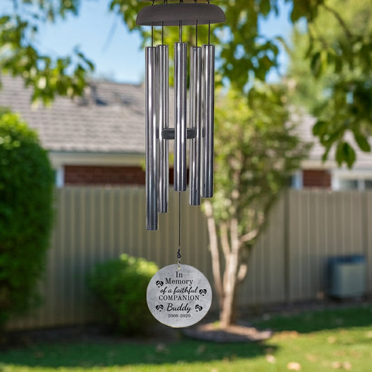 Personalized pet memorial wind chime with engraving for a faithful companion hanging outdoors