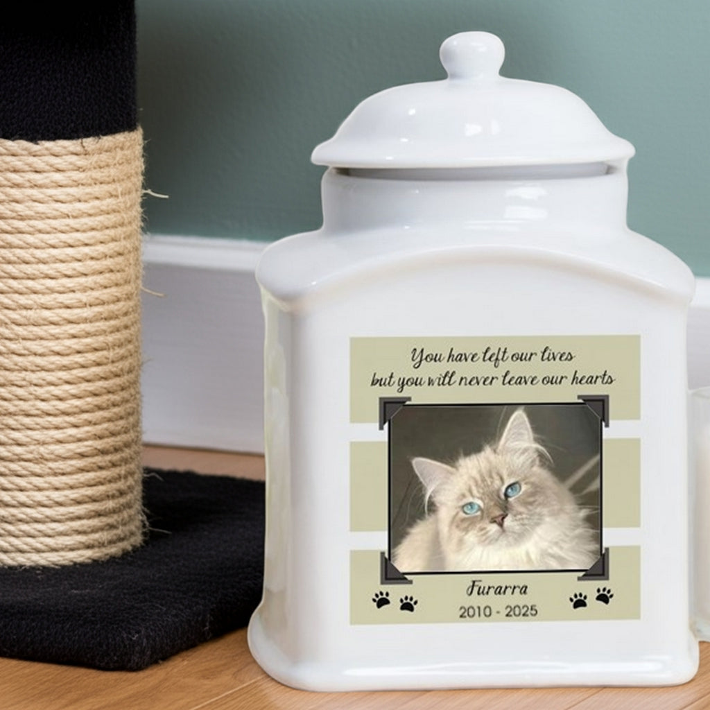 Personalized photo cat urn with white ceramic finish and custom pet memorial design