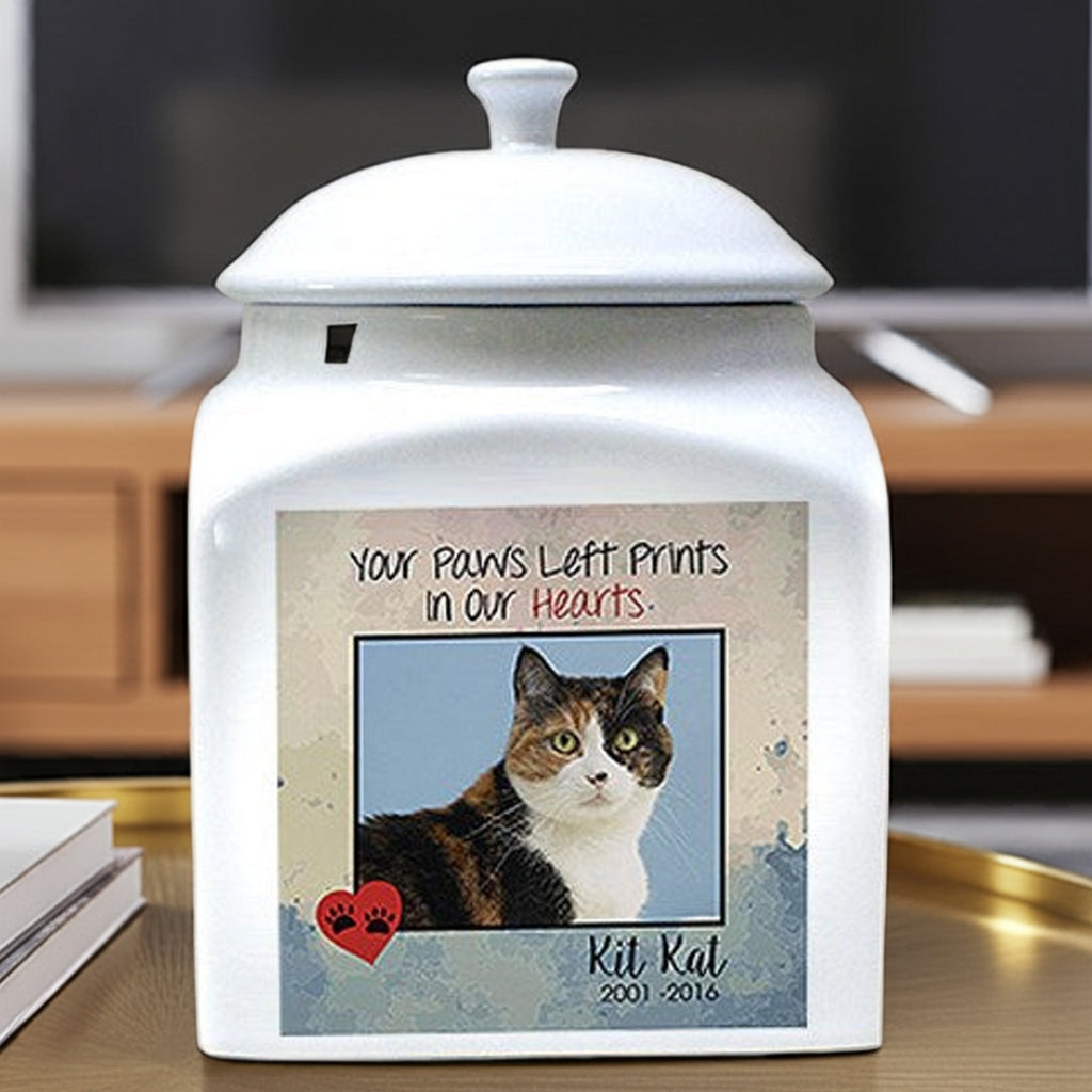White ceramic personalized photo cat urn with custom cat image and memorial text