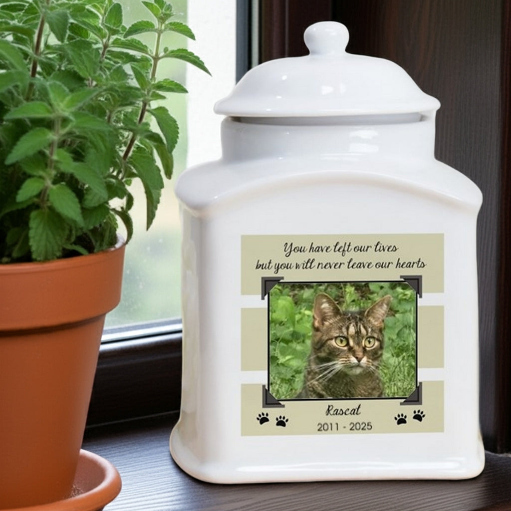Personalized white ceramic photo cat urn with custom pet image and memorial text for cats