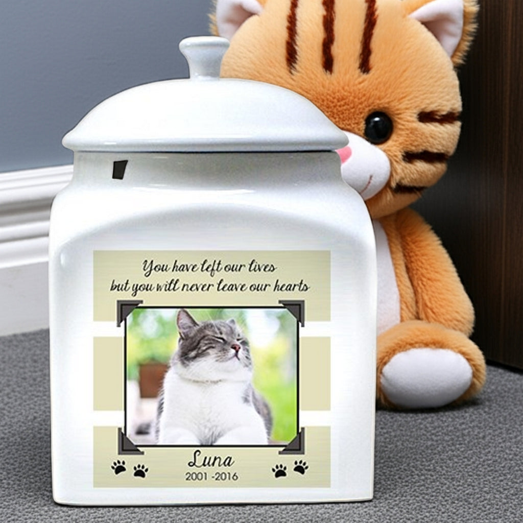 Personalized white ceramic photo cat urn with a custom pet photo and inscription for Luna