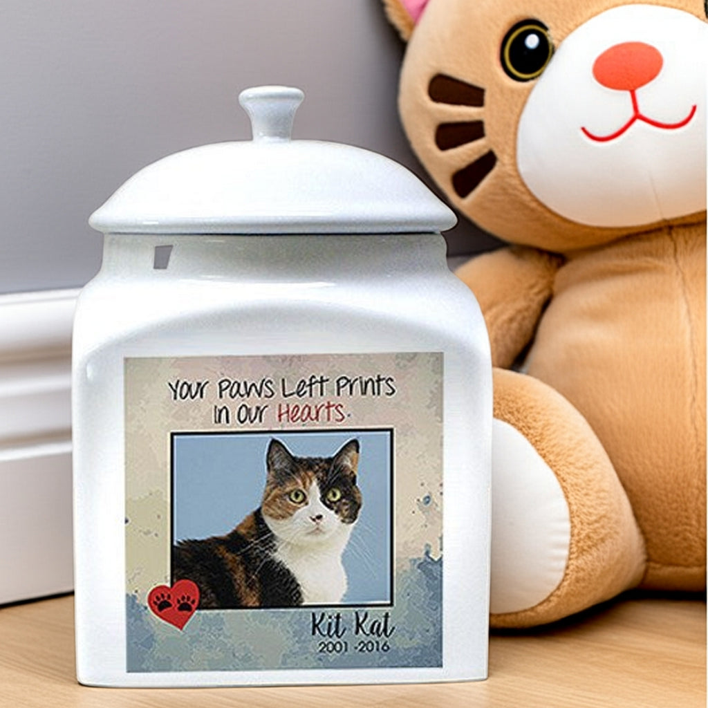 Personalized photo cat urn with custom pet image and heartfelt message for memorial
