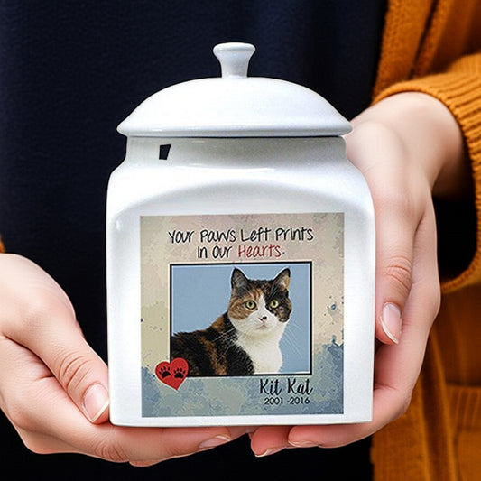 Personalized photo cat urn white ceramic with custom pet photo and name