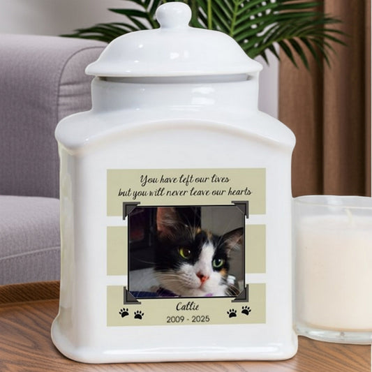 Personalized photo cat urn white ceramic with custom pet photo and memorial inscription