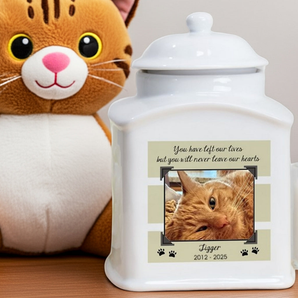 Personalized white ceramic photo cat urn with a custom image and memorial text for pets