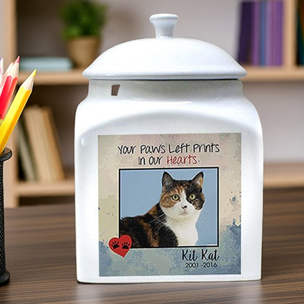Personalized photo cat urn with custom pet image and memorial text in white ceramic