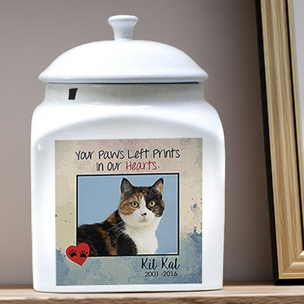 Personalized photo cat urn with custom cat image and memorial text on white ceramic
