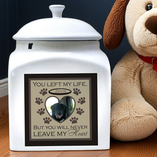 White personalized photo pet urn with heart-shaped photo frame and paw print design