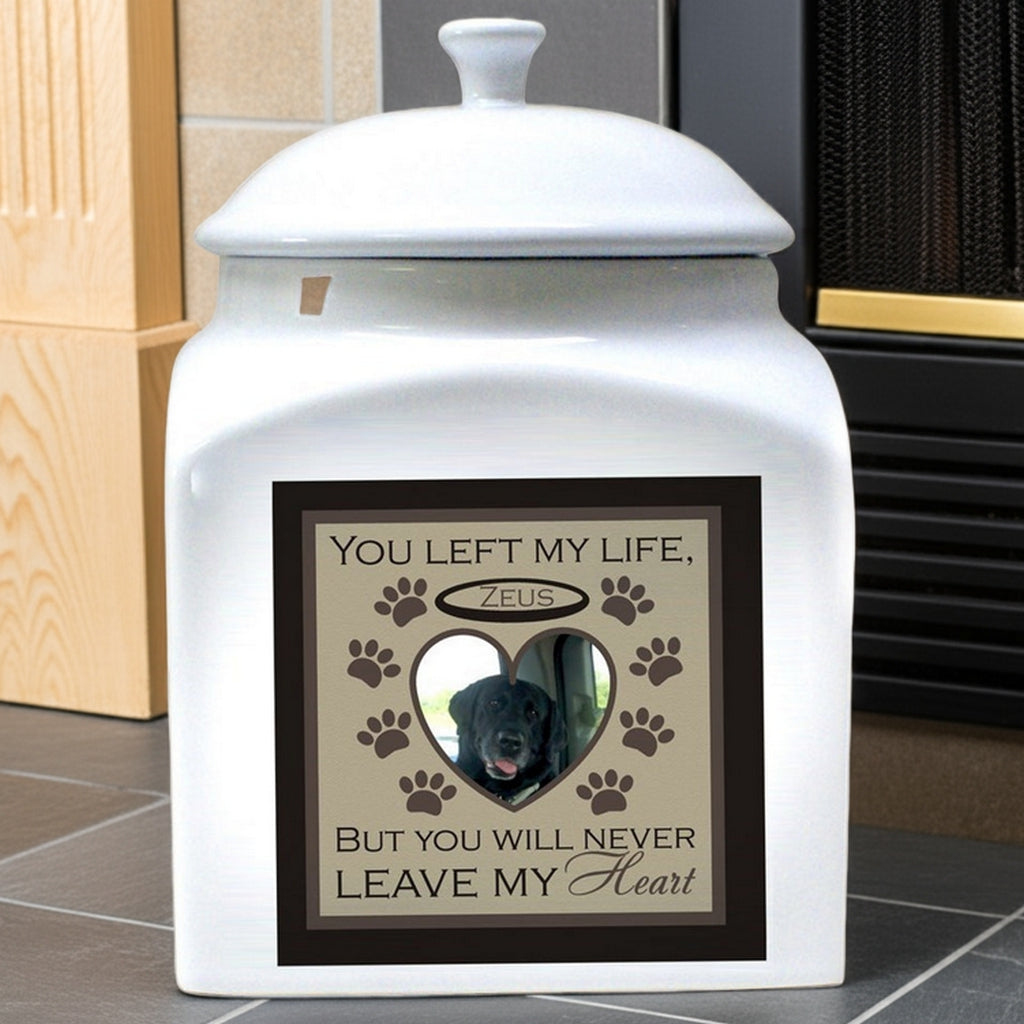 White ceramic personalized photo pet urn with heart-shaped photo frame and paw print design