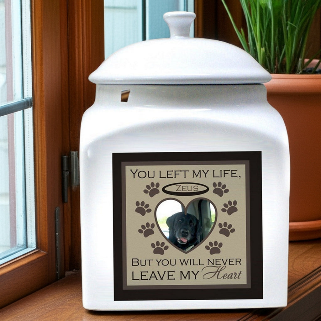 Personalized white ceramic photo pet urn with heart-shaped photo frame and pet name