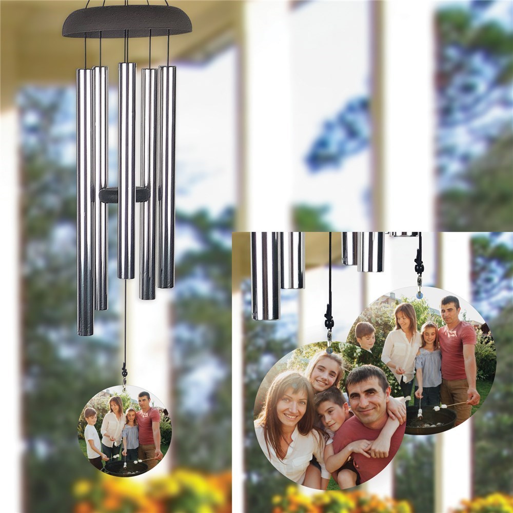 Personalized photo wind chime with silver tubes and custom family photo wind sail hanging outdoors