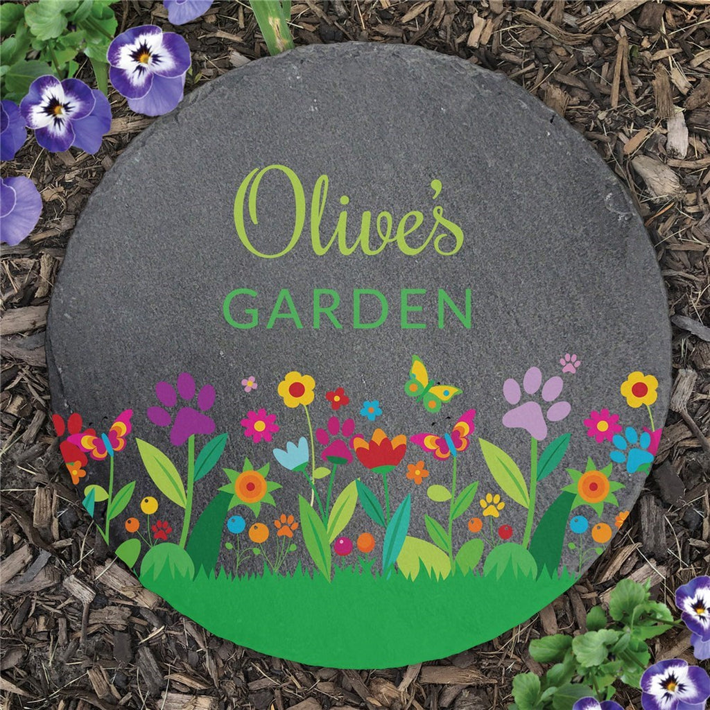 Personalized round slate pet memorial garden stone with colorful flower and paw print design