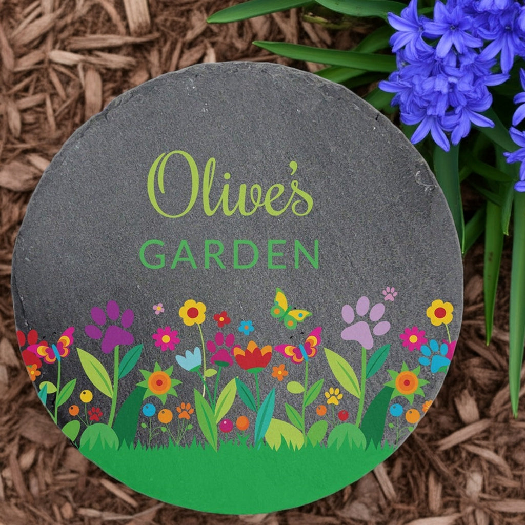 Personalized round slate pet memorial garden stone with colorful flowers and paw prints design