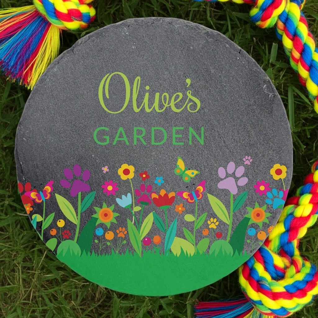 Personalized round slate pet memorial garden stone with colorful flowers and butterflies