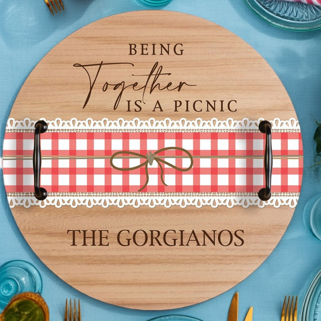 Personalized Serving Tray with red plaid design and custom family name