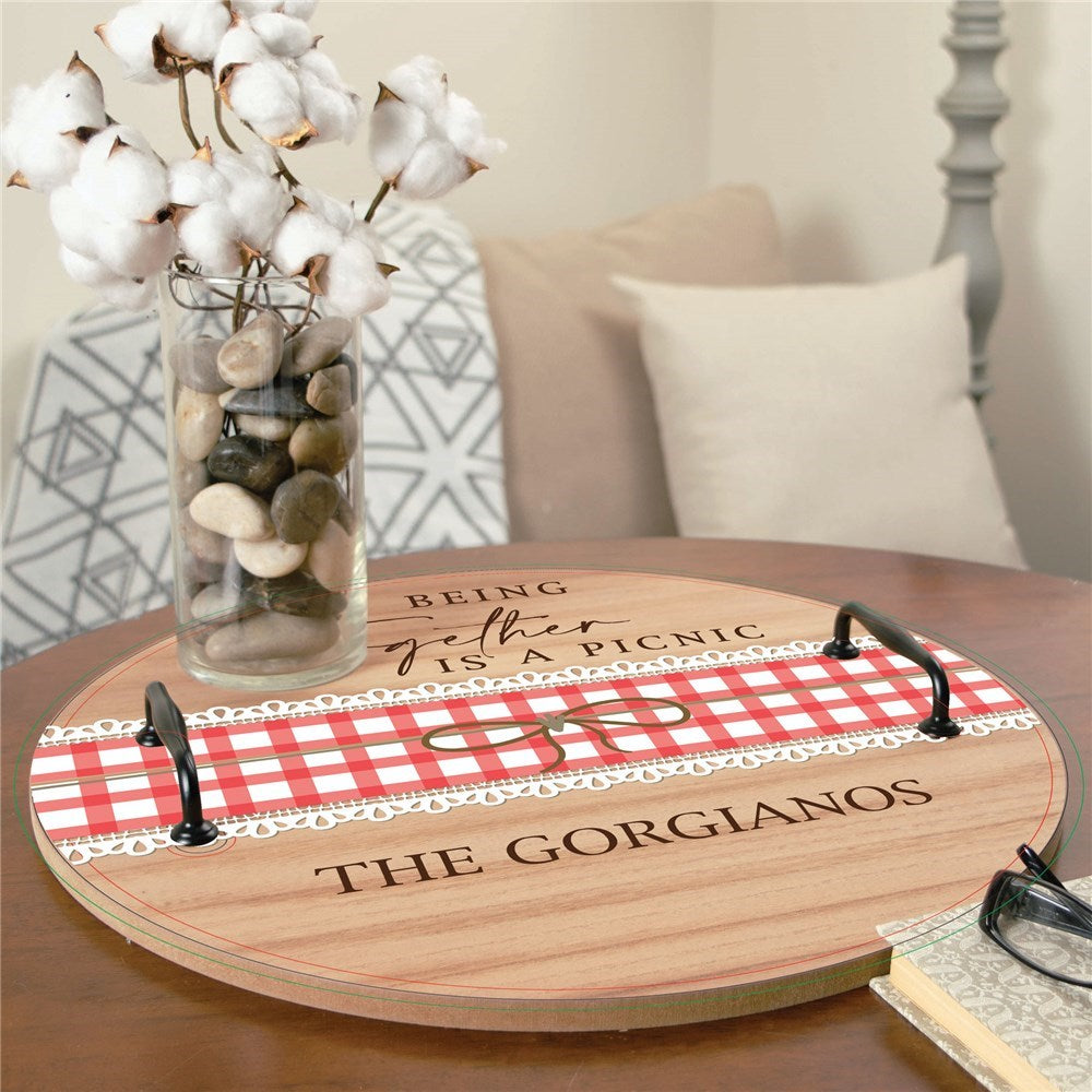 Personalized Serving Tray round wooden tray with red checkered pattern and custom family name The Gorgianos