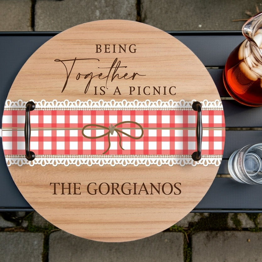 Personalized serving tray with red checkered pattern and handles featuring picnic quote and custom name
