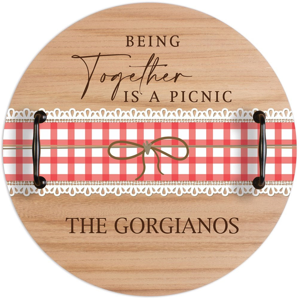 Personalized serving tray with red checkered ribbon and text Being Together is a Picnic
