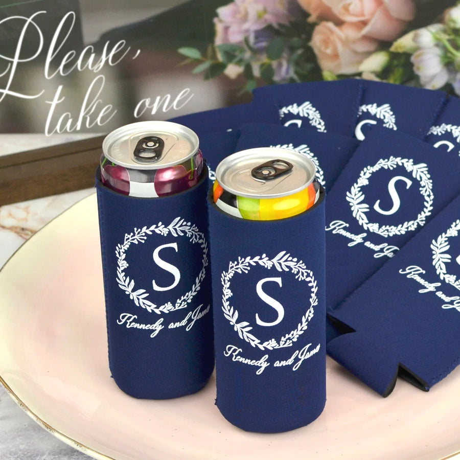 Navy color slim wedding can coolers personalized with wreath initial and bride and groom name in white print