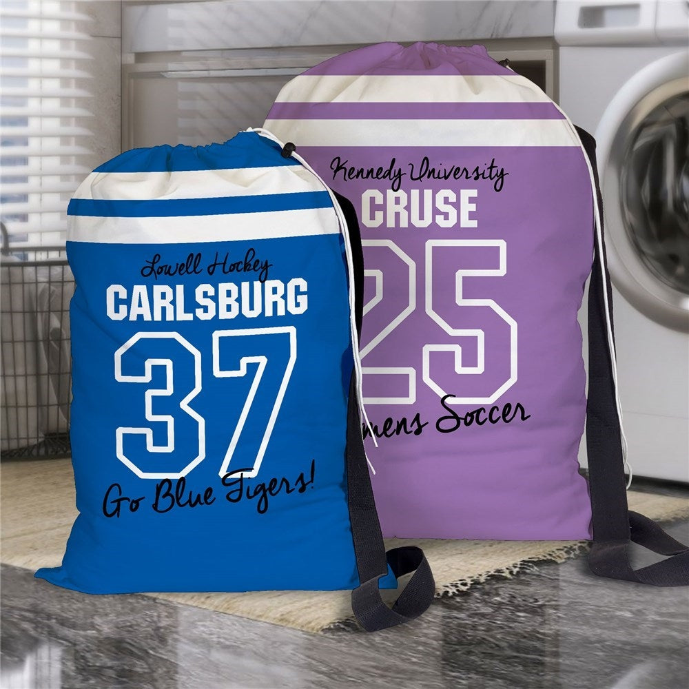 Personalized striped jersey style laundry bags for graduation and college gifts.