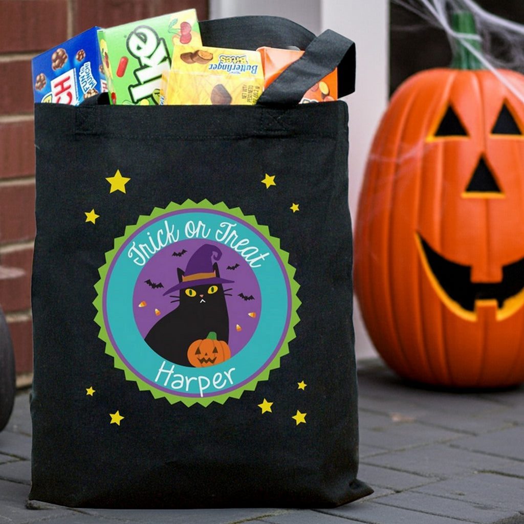 Black tote personalized trick or treat bag with purple chevron cat design and Sophia name for Halloween