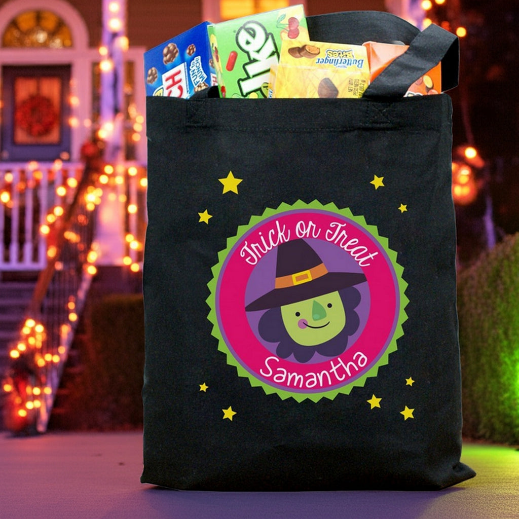 Black Halloween tote with smiling witch and Samantha name personalized trick or treat bag filled with candy