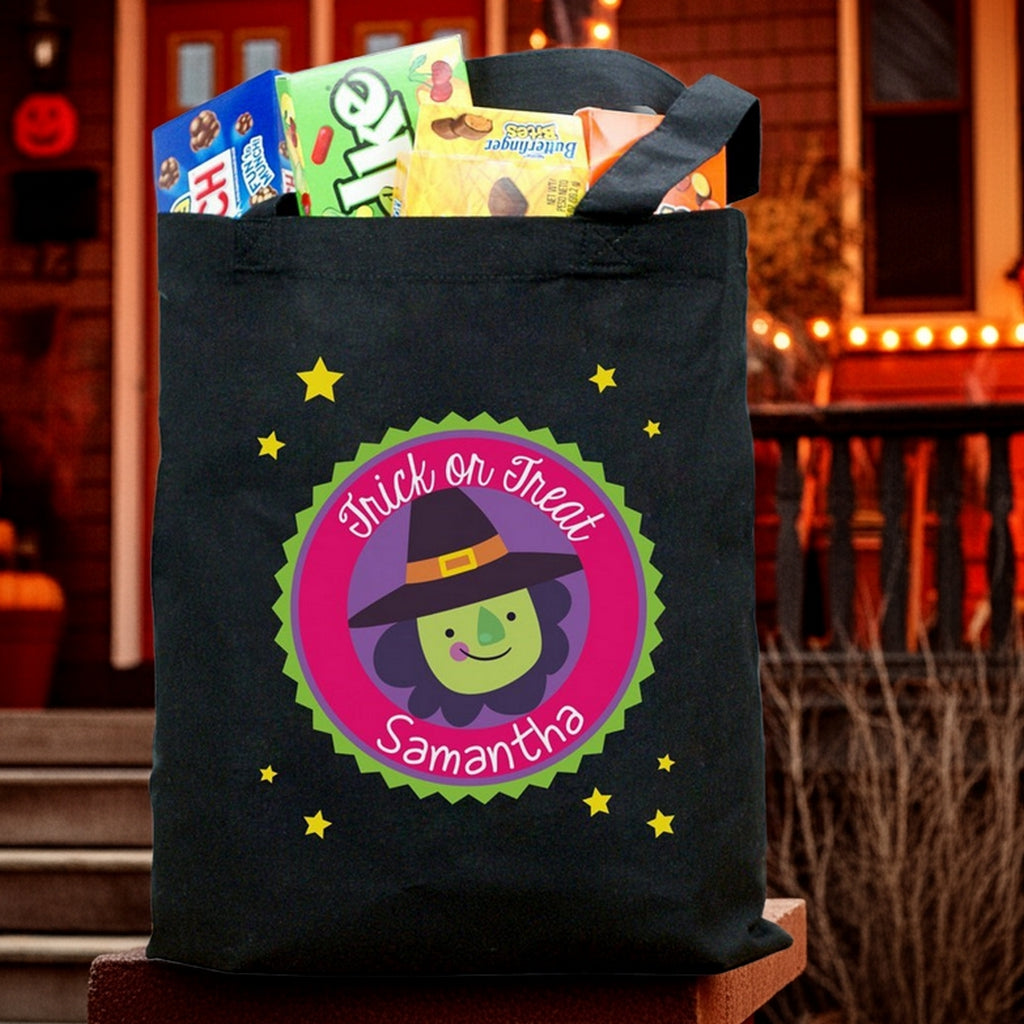 Personalized trick or treat bag with a smiling witch design reading Samantha filled with candy on a porch