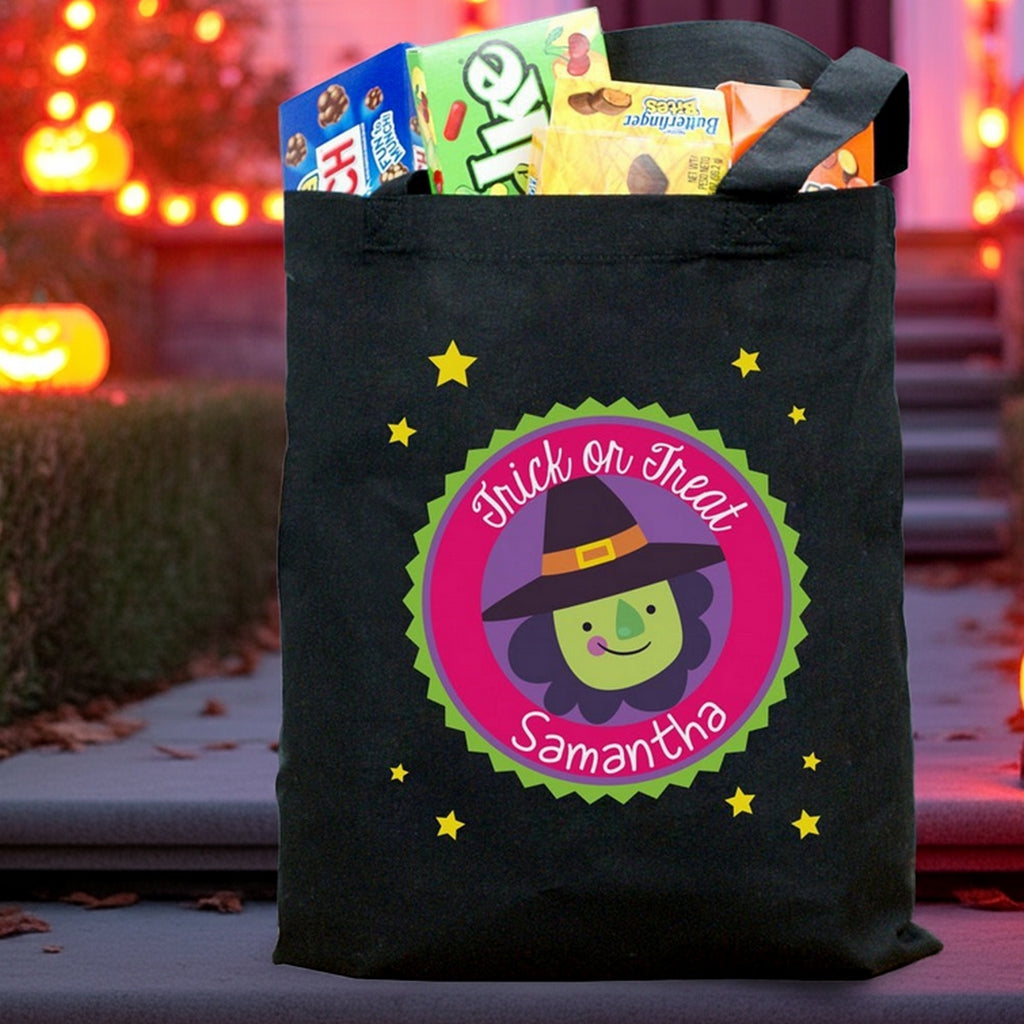 Black Halloween trick or treat tote with witch face badge and candy, personalized trick or treat bag for kids named Samantha