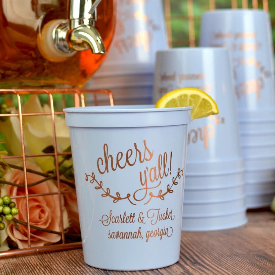 slate blue color wedding stadium cups personalized with cheers yall design and 2 lines of text in copper print