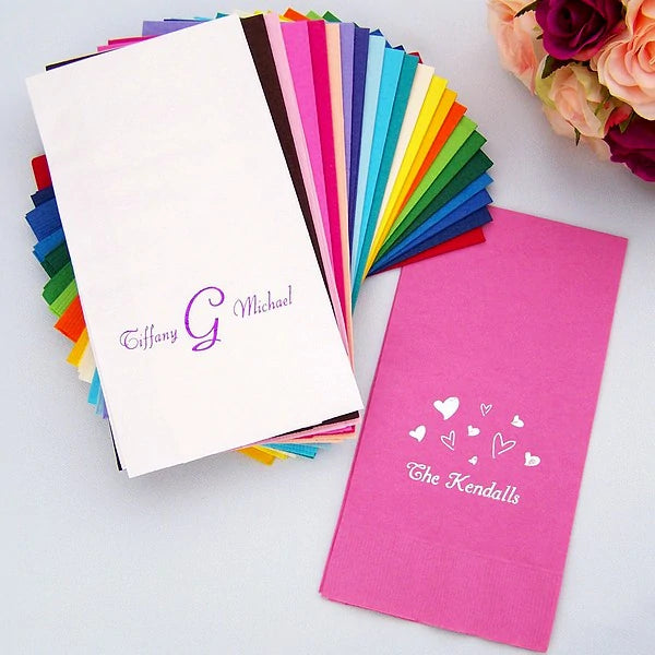 Personalized wedding guest hand towels available in a variety of color options