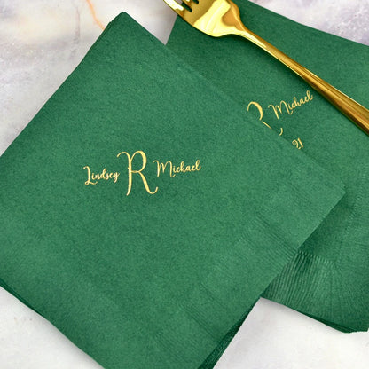forest green dispable wedding luncheon napkins personalized with wedding monogram in gold print
