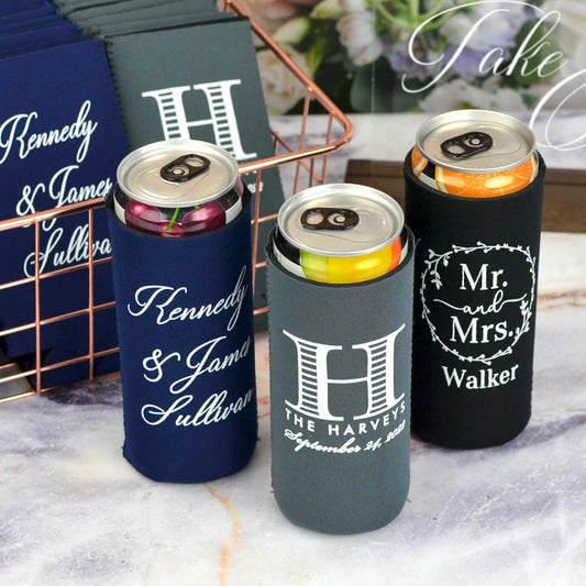 Personalized slim wedding can cooler favors in charcoal, black and navy color options for wedding slim can beverages
