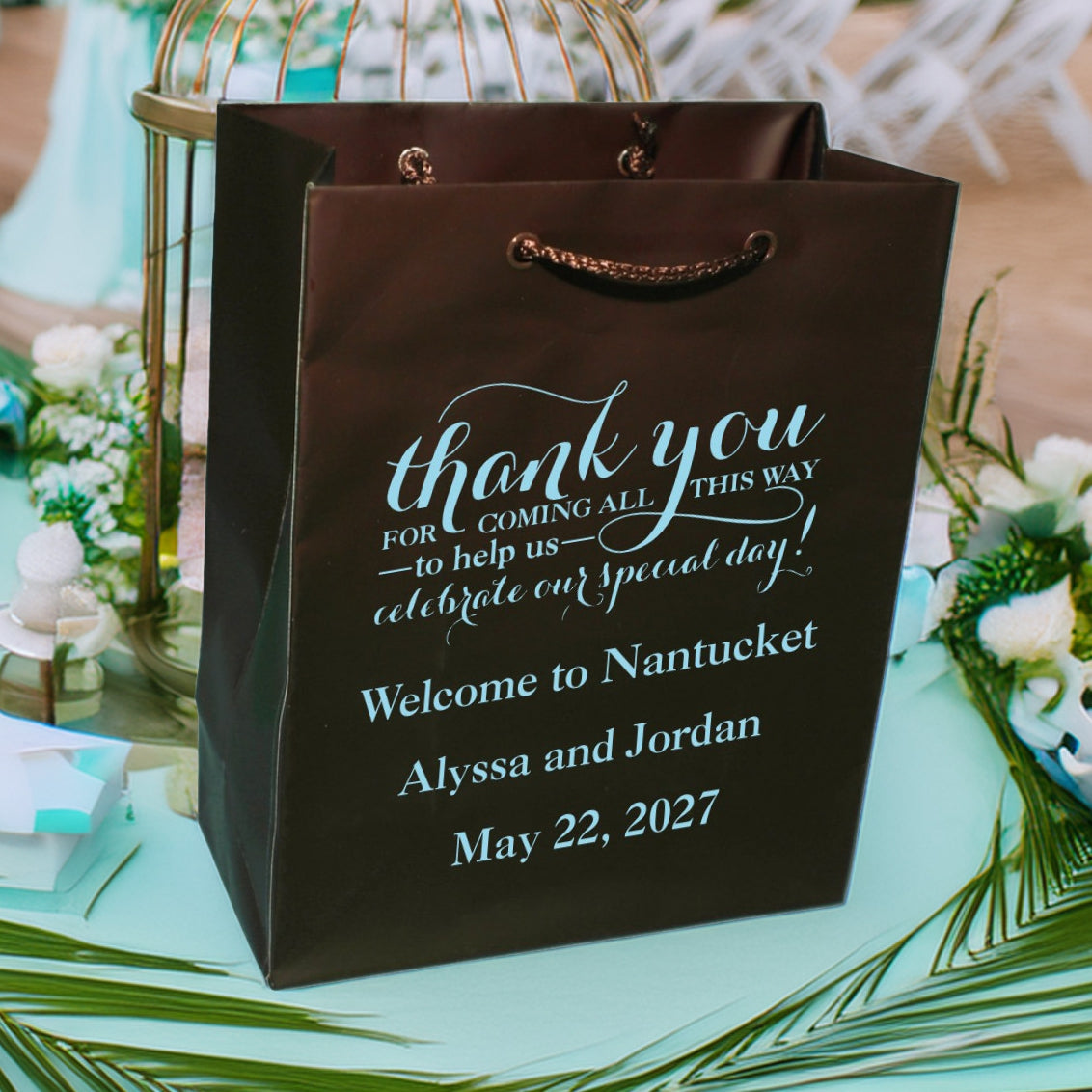 Tippytoad brown welcome gift bag with blue thank you script on table wedding welcome bags custom printed
