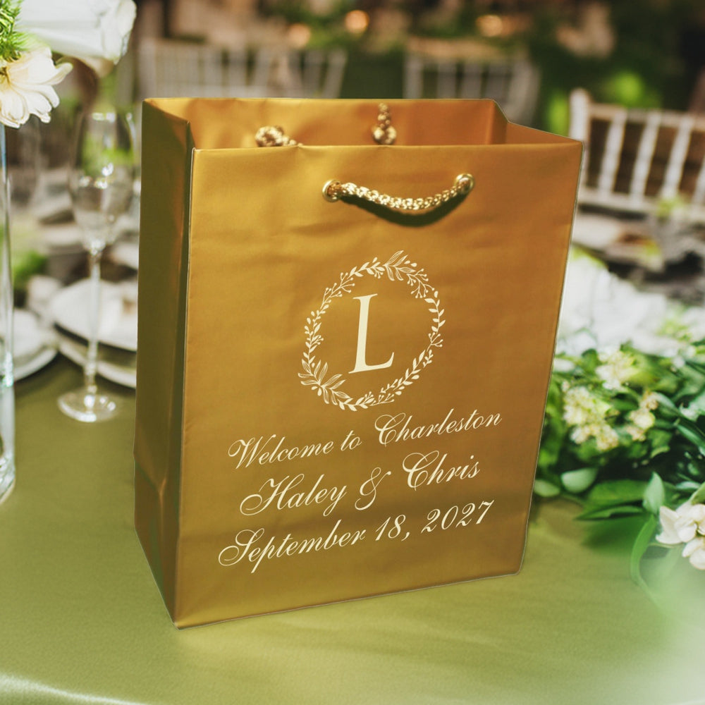 Tippytoad gold personalized wedding gift bag with monogram and rope handles wedding welcome bags custom printed