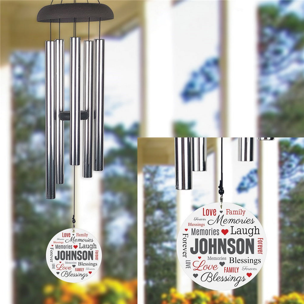 Personalized wind chime with silver tubes and custom family name design
