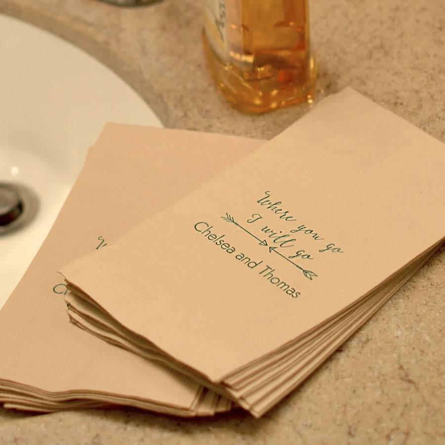Kraft color 3-ply paper wedding guest hand towels personalized with 'Where You Go' design and bride and grooms name in hunter green imprint color