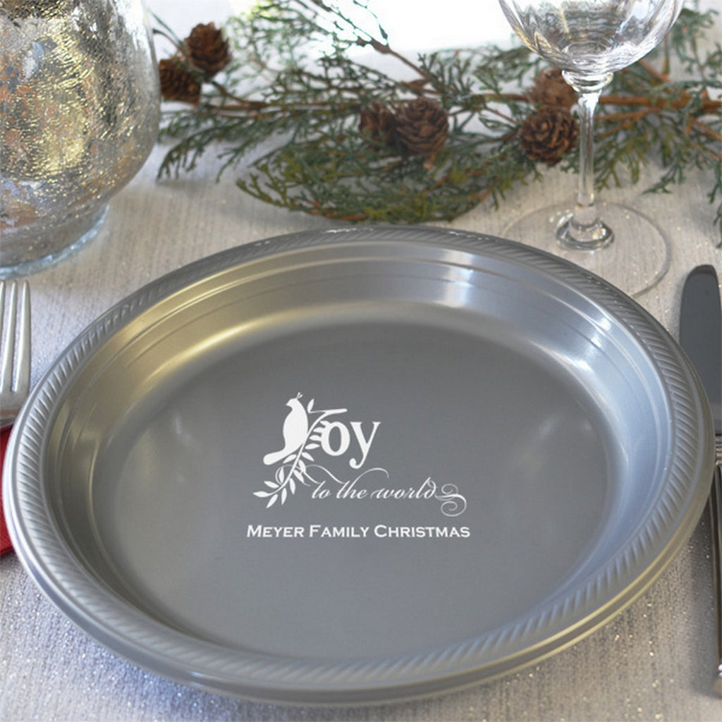Elegant Tippytoad plastic Christmas dinner plates in silver, perfect for holiday gatherings