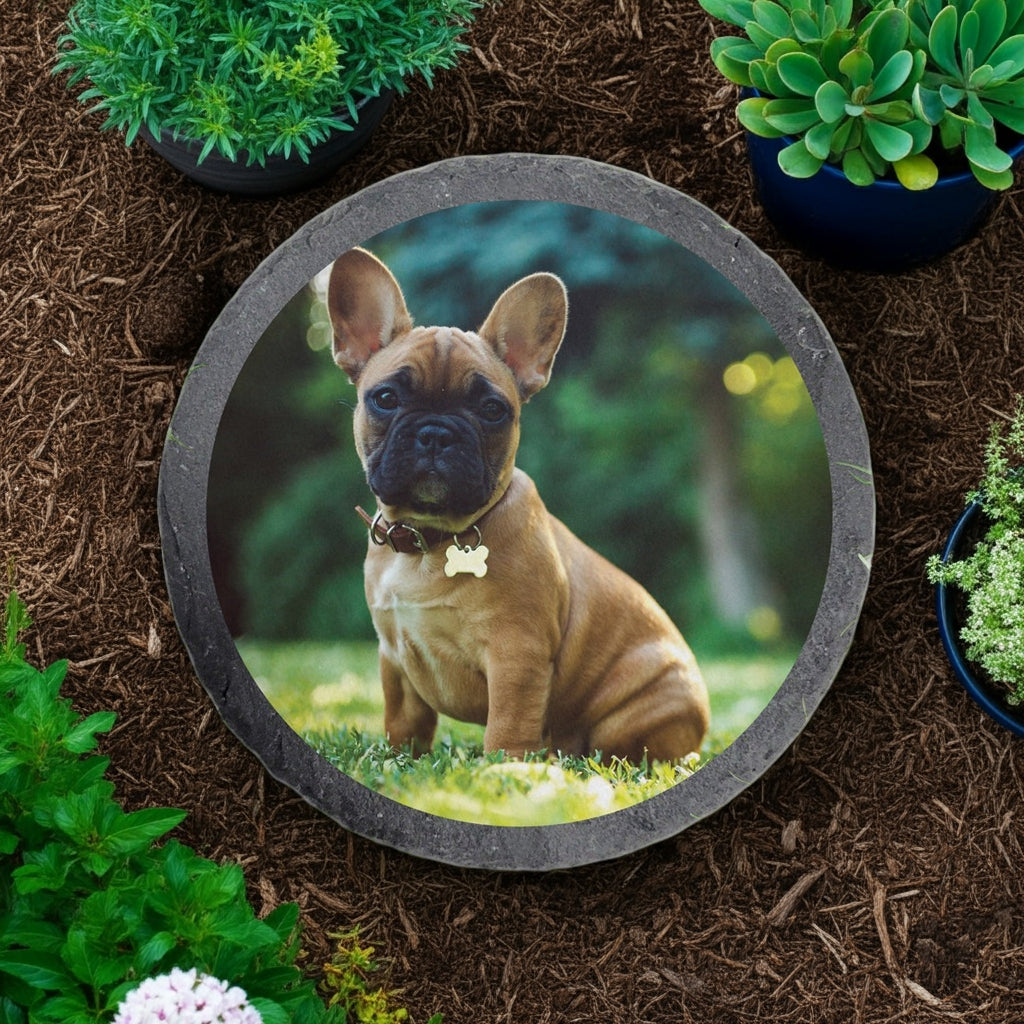 Round slate custom photo garden stone featuring a cute brown puppy outdoors