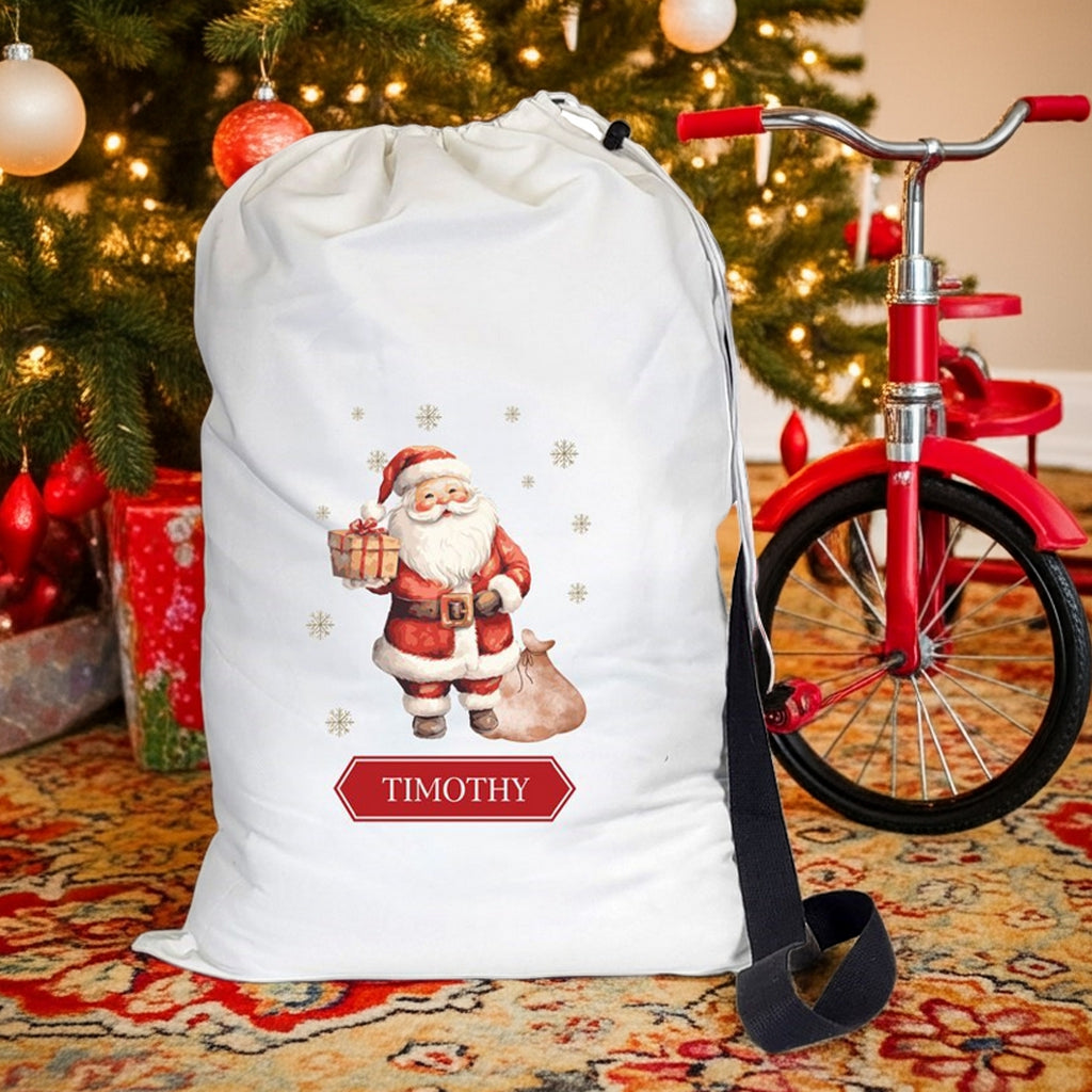 Personalized Santa Christmas gift sack with festive design and name Timmy for holiday gifting